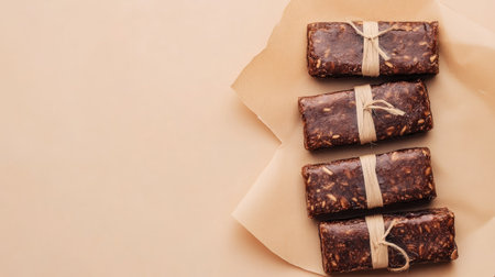 A collection of healthy snack bars wrapped in paper, displayed on a neutral background, perfect for promoting nutritious eating or snack options.の素材