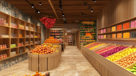 A colorful interior of a fruit market showcasing vibrant fruits on wooden shelves, creating a fresh and inviting shopping experience for consumers.の素材