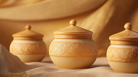Set of three elegant decorative jars displayed on a soft fabric surface, showcasing craftsmanship and aesthetic beauty in a warm-toned environment.の素材