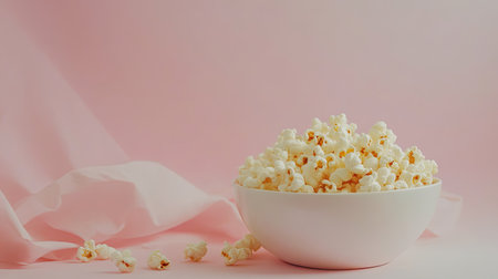 A bowl of popcorn with a scattering of kernels on a pastel surface, with copy space.の素材