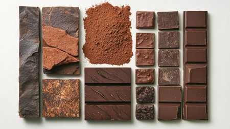 A collection of chocolate bars and cocoa powder on a clean surface with room for text.の素材