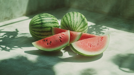 Sliced and whole watermelon, minimalist layout with copy spaceの素材