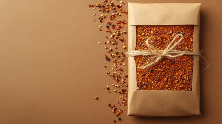 This image showcases a beautifully packaged spice mix in kraft paper, elegantly tied with twine, complemented by spilled seasoning. Ideal for culinary projects.の素材