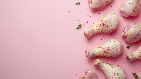 A visually appealing arrangement of fresh chicken drumsticks on a soft pink surface, garnished with spices and herbs, perfect for culinary inspiration.の素材