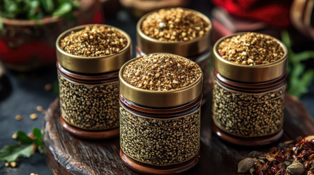 A collection of beautifully arranged jars filled with spices and seasonings, showcasing rich colors and textures for culinary inspiration in any kitchen.の素材