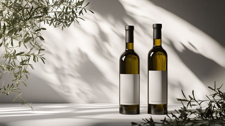Two elegant olive oil bottles are displayed on a minimalist background, surrounded by soft leaves and gentle shadows, perfect for showcasing gourmet products.の素材