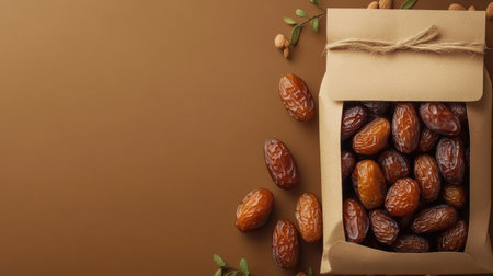 A beautifully arranged craft paper bag filled with fresh dates resting on a brown background, ideal for healthy snacks, desserts, and culinary uses.の素材