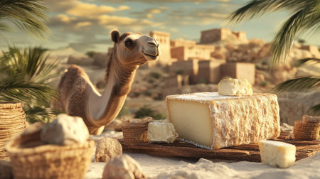 A charming camel interacts with artisanal cheese in a picturesque desert setting, showcasing the beauty of nature and traditional food culture.の素材