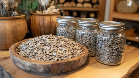 A rustic setting features jars filled with seeds and a wooden bowl brimming with seeds, perfect for healthy snacking or culinary use. Ideal for food-related themes.の素材