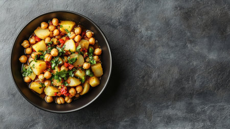 A bowl of tangy chaat with boiled potatoes, chickpeas, and tamarind chutney on a plain surface with room for text.の素材