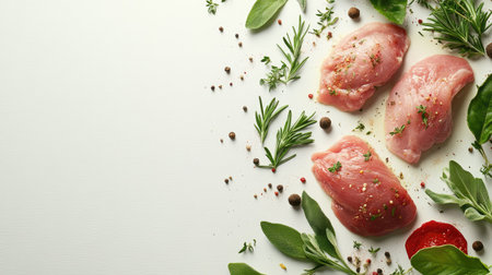 Fresh chicken breasts beautifully arranged with fragrant herbs and spices, perfect for a culinary adventure. Ideal for meal preparation and healthy recipes.の素材