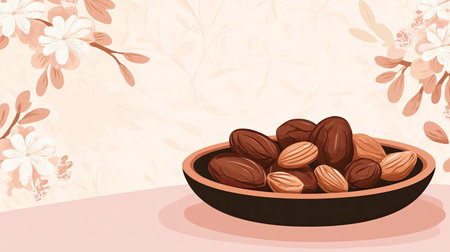 A charming illustration showcasing a bowl filled with various nuts and fruits, set against a soft floral background. Perfect for food-related themes and design projects.の素材