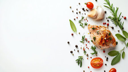 A visually appealing arrangement of fresh chicken, herbs, tomatoes, and spices, perfect for culinary creativity and meal preparation inspiration.の素材