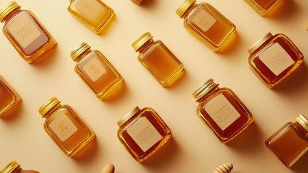A collection of golden honey jars arranged artfully on a rustic surface. This image captures the essence of organic sweetness and culinary delight.の素材