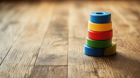 A child toy on a wooden floor, isolated with plenty of copy space.の素材