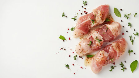 Discover fresh meat cuts garnished with herbs and spices on a clean white surface, perfect for culinary presentations and gourmet dishes.の素材