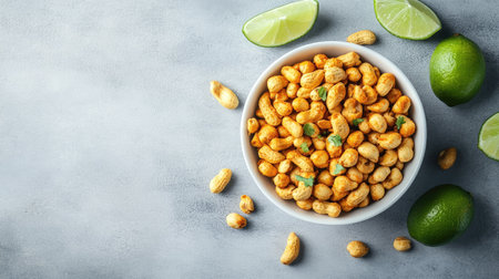 A bowl of spicy masala peanuts surrounded by fresh lime wedges on a clean surface with copy space.の素材
