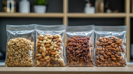 A vibrant display of assorted nuts and dried fruits packaged in clear bags, perfect for healthy snacking and culinary uses. Ideal for any kitchen setting.の素材