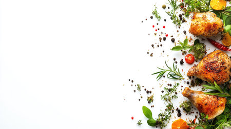 A vibrant arrangement of roasted chicken pieces adorned with fresh herbs and spices. Ideal for culinary presentations or cooking inspirations.の素材