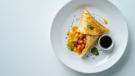 A clean presentation of masala dosa with sambhar and chutneys on a white plate, leaving ample room for text.の素材