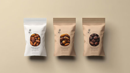 Discover a sophisticated collection of snack packaging showcasing organic nuts. This elegant design highlights freshness and quality with minimalist aesthetics.の素材