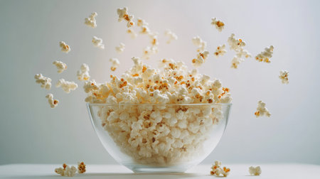 A bowl of popcorn with a scattering of kernels on a pastel surface, with copy space.の素材
