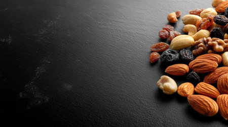 A vibrant assortment of nuts and dried fruits arranged on a dark surface, perfect for healthy snacking or culinary presentations. Ideal for food photography.の素材