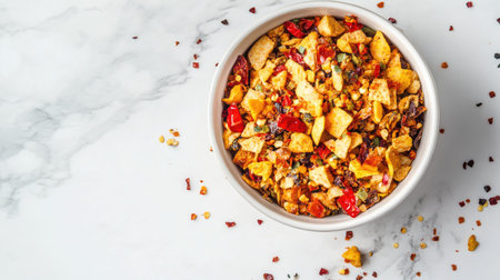 A bowl of spicy trail mix with chili flakes scattered around, isolated with space for text.の素材