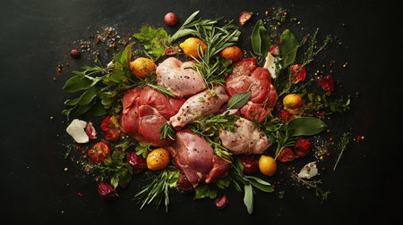 An artistic display of fresh meat, herbs, and vegetables, perfect for culinary presentations or gourmet cooking, emphasizing vibrant colors and textures.の素材