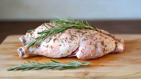 A beautiful display of fresh raw chicken seasoned with herbs, placed on a wooden cutting board. Ideal for culinary inspiration and cooking concepts.の素材