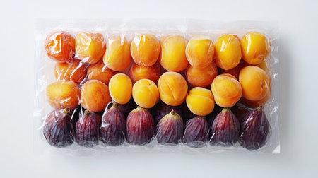 A vibrant assortment of fresh fruits in clear packaging, ideal for healthy snacking. Perfect for showcasing the freshness and quality of seasonal produce.の素材