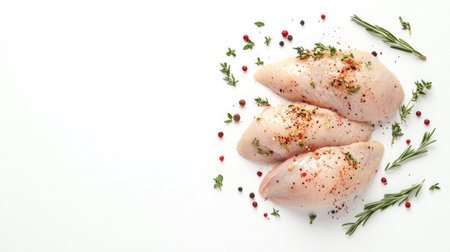 Fresh raw chicken breasts arranged with spices and herbs, perfect for showcasing healthy meal preparation, cooking styles, and culinary inspiration.の素材
