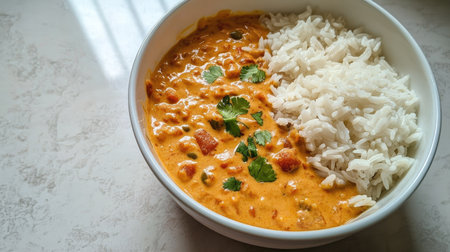 A bowl of creamy rajma with steamed rice on the side, placed on a clean surface with text space.の素材
