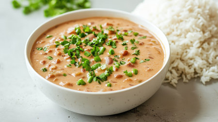 A bowl of creamy rajma with steamed rice on the side, placed on a clean surface with text space.の素材