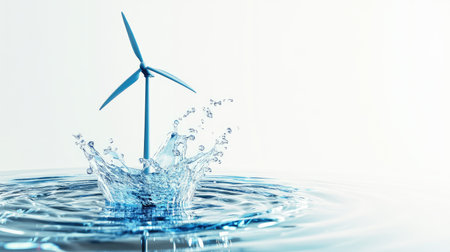 A conceptual illustration of renewable energy icons (wind, solar, water) over a clean white background with copy space.の素材