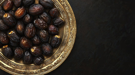 Discover an elegant platter showcasing fresh black dates, perfect for culinary presentations or gourmet snacks. Ideal for food photography and natural themes.の素材