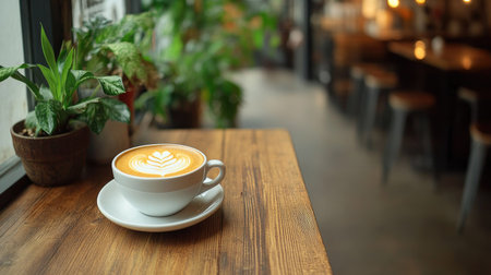A cup of coffee on a rustic wooden table with empty space for text beside it.の素材