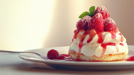 A close-up of a delicious dessert on a plate with a plain background.の素材