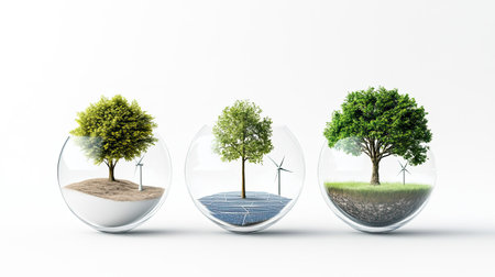 A conceptual illustration of renewable energy icons (wind, solar, water) over a clean white background with copy space.の素材