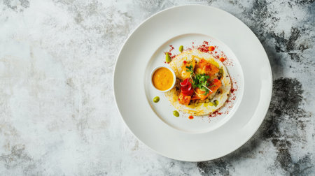 A clean presentation of masala dosa with sambhar and chutneys on a white plate, leaving ample room for text.の素材