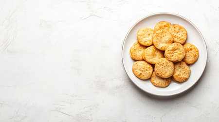 A delightful assortment of freshly baked savory crackers is beautifully arranged on a white plate, set against a light textured backdrop, ideal for food-related projects.の素材