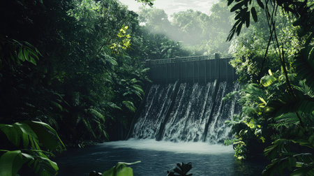 A stunning waterfall cascades down rocks in a vibrant jungle setting, surrounded by lush foliage and shrouded in mist, creating a serene and tranquil atmosphere.の素材