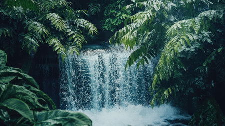 A captivating waterfall cascades down rocks, surrounded by vibrant green foliage, creating a tranquil oasis in a lush rainforest environment, perfect for nature lovers.の素材