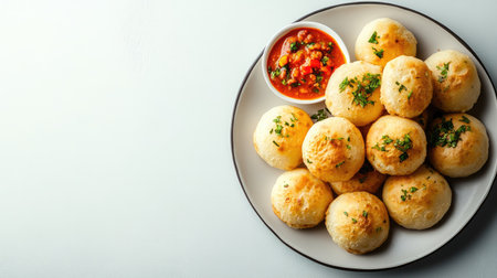 A tempting platter of round bread rolls, golden and fluffy, served with a bowl of spicy salsa. Perfect for appetizers or gatherings, these rolls offer delightful flavor and fresh herbs.の素材