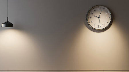 A minimalist room featuring a stylish wall clock and a contemporary pendant light, creating a calm and inviting atmosphere perfect for modern interior decoration.の素材