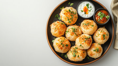 A delightful view of crispy dosa balls arranged on a plate, served with flavorful chutney and yogurt dip, perfect for snacking or sharing at gatherings.の素材