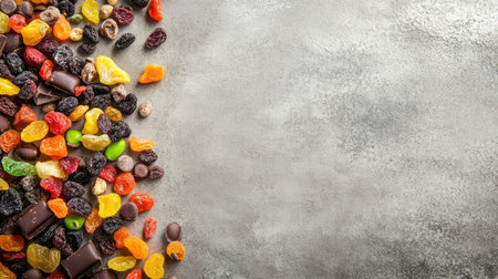 A vibrant assortment of dried fruits and chocolates scattered on a rustic surface, perfect for showcasing healthy snacks, baking ingredients, or culinary creations.の素材