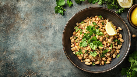 A vibrant, healthy meal featuring grains, fresh herbs, and nuts garnished with a lemon slice, perfect for food photography and culinary inspiration.の素材