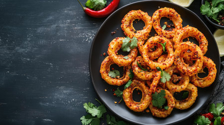 An enticing display of spicy onion rings on a black plate, garnished with fresh herbs and chili peppers, ideal for sharing at gatherings or enjoying as a tasty snack.の素材