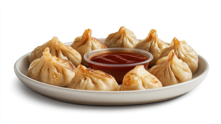 A beautiful arrangement of steamed dumplings served with a spicy dipping sauce, ideal as an appetizer or snack for any dining occasion or food photography project.の素材